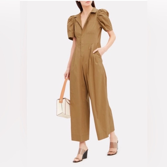 SEA Sienna Puff-Sleeve Stretch-Cotton Jumpsuit Tan Sz 4 - Picture 4 of 16
